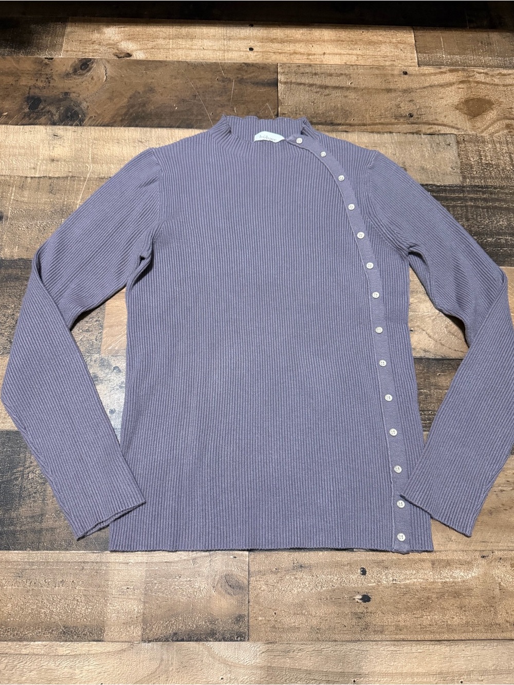 Bohme Asymmetrical Button Ribbed Mock-Neck Sweater